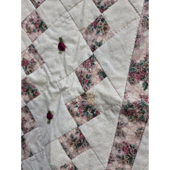 Handmade Floral Print Cotton Hand Quilted Lap Throw Coverlet Baby Quilt Rosettes - Picture 5 of 9